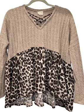 Tan & Leopard Colorblock Knitted-LongSleeve-Top With Criss-Cross Detail At Neck!